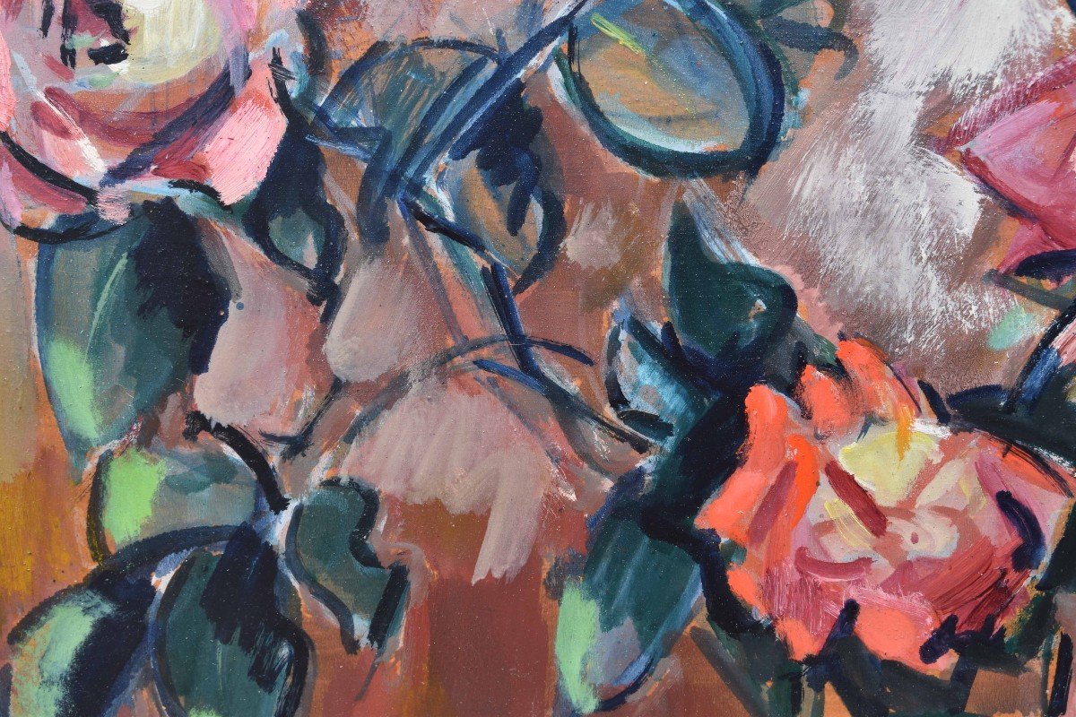 Czeslaw Zawadzinski "bouquet Of Roses" Oil On Cardboard 33x41-photo-1